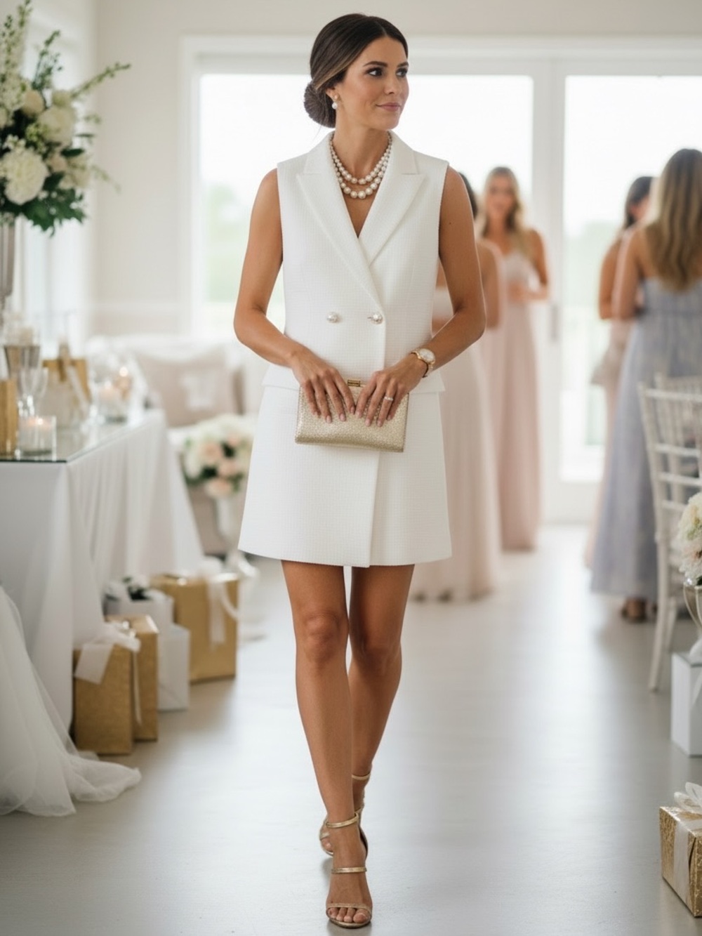 stradivarius White Sleeveless Double-Breasted Blazer Dress with Gold Buttons